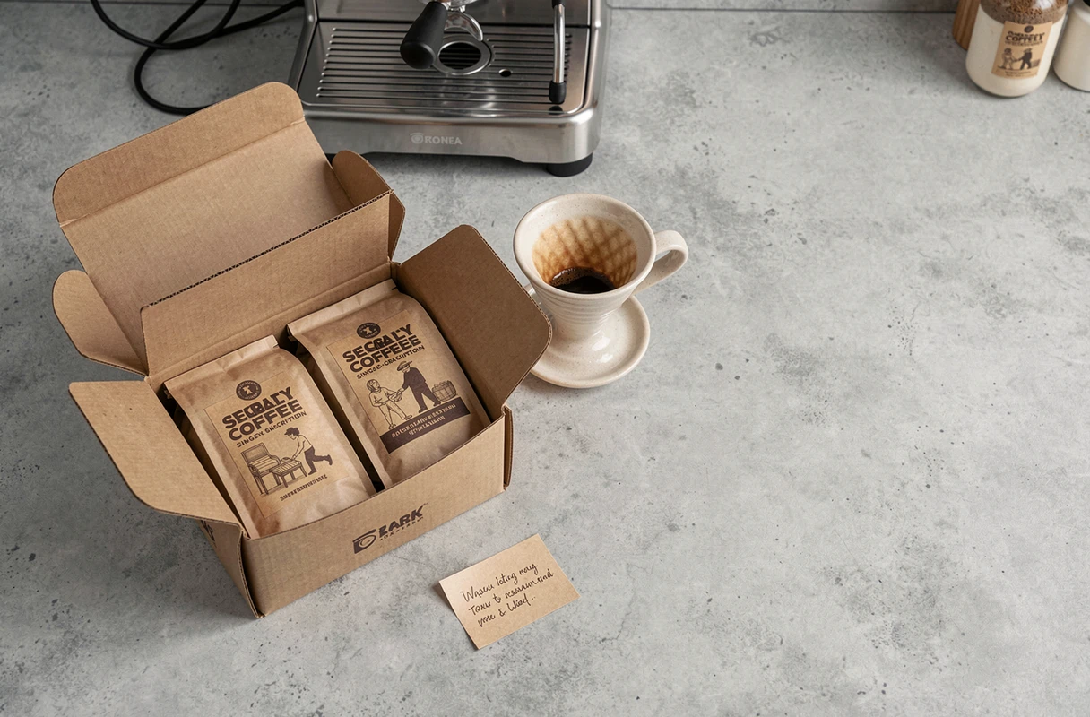 Abonnement café de spécialité présenté avec des sachets de café mono-origine illustrés et un dripper céramique sur un plan de travail
