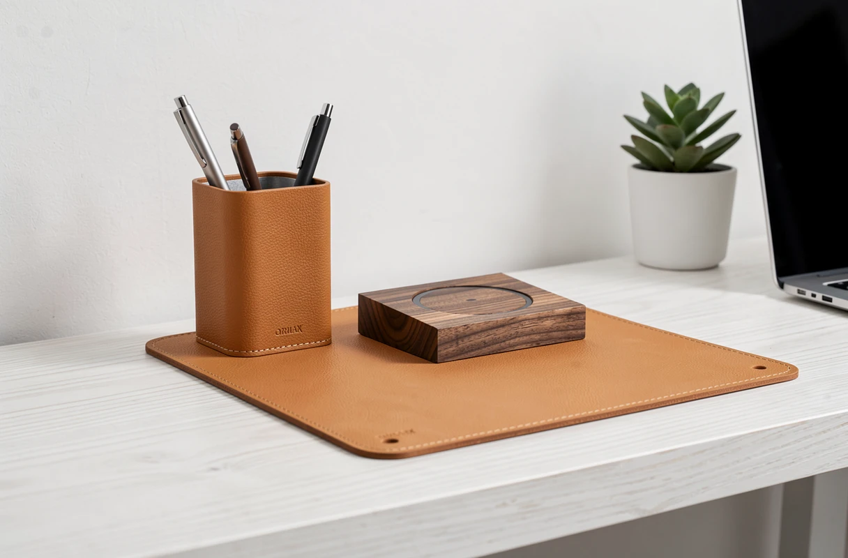 Accessoires de bureau en cuir tan et bois de noyer pour le télétravail sur un bureau en chêne blanc dans un intérieur scandinave
