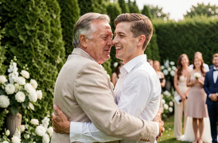 Père et fils partageant une accolade émouvante après le discours de mariage en plein air