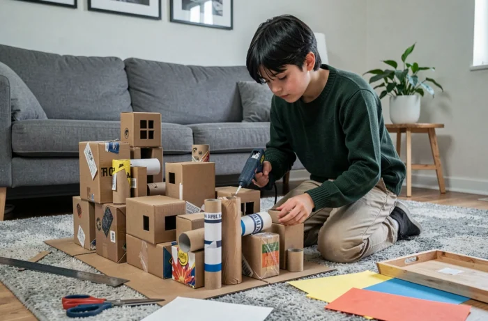 Adolescent de 14 ans construisant une maquette de ville en carton recyclé dans le salon familial