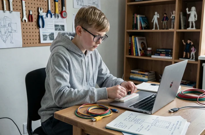 Adolescent de 14 ans réalisant un projet d'électronique et de codage sur son bureau dans sa chambre