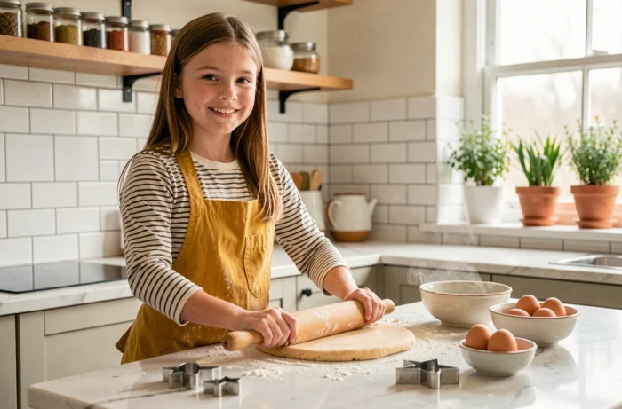 Adolescente de 14 ans en train de faire des biscuits maison dans une cuisine lumineuse et bien équipée