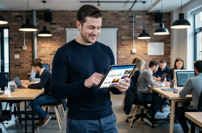 Homme consultant des actualités et tendances numériques sur une tablette dans un espace de coworking moderne