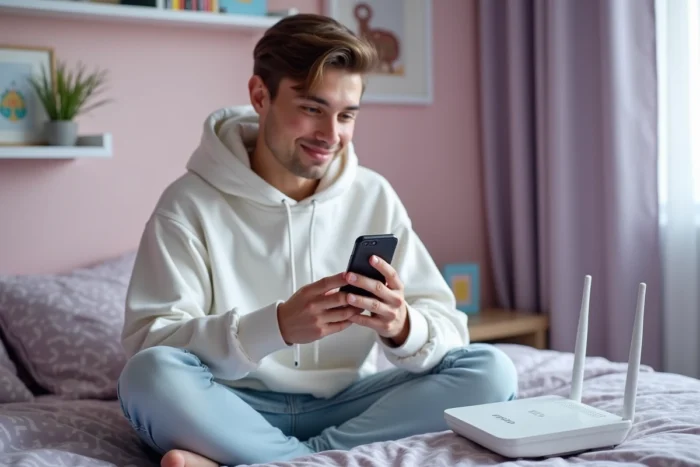 Adolescent assis sur son lit regardant une erreur de connexion Messenger sur son téléphone près d'un routeur Wi-Fi