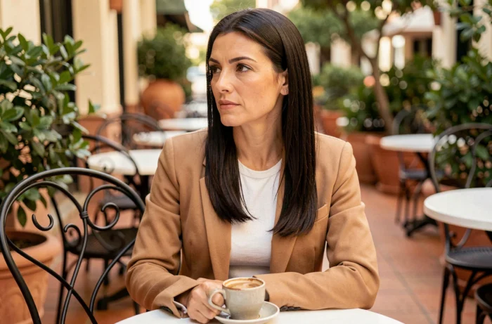 Adriana Tuchyna photographiée en terrasse de café, un style élégant et naturel au quotidien