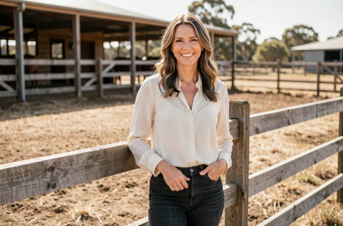 Portrait d'Adriana Tuchyna, femme de Casey Stoner, dans un cadre équestre australien naturel