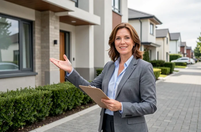 Agent immobilière professionnelle présentant une maison résidentielle à un potentiel acheteur lors d'une visite immobilière
