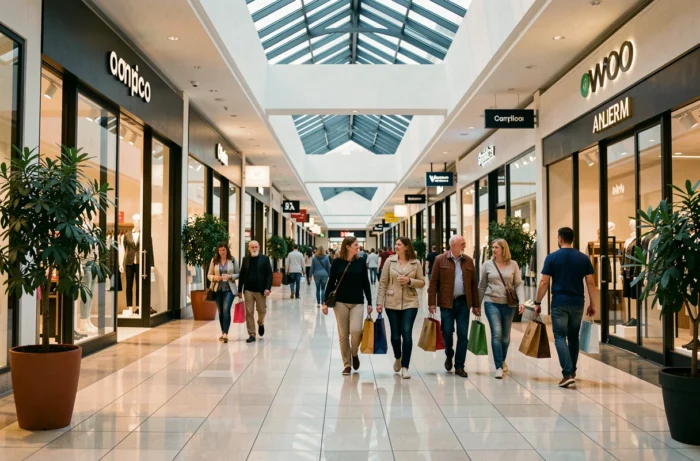 Allée principale animée du centre commercial Bois Cany à Grand Quevilly avec des boutiques et des visiteurs