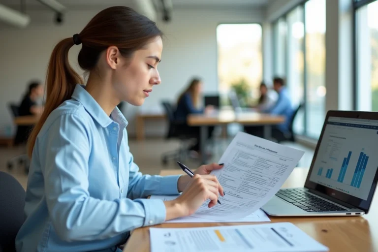 Conseillère Visale analysant un dossier de location sur bureau avec documents imprimés et ordinateur portable