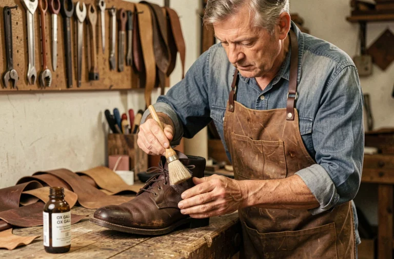 Artisan cordonnier appliquant du fiel de bœuf sur une botte en cuir marron dans un atelier traditionnel
