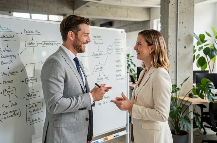 Deux associés élaborant un plan d'affaires sur un tableau blanc dans un espace de coworking français
