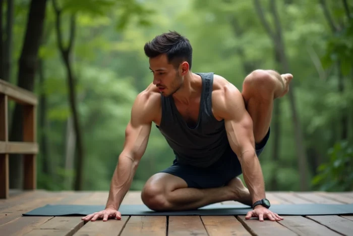 Homme en équilibre sur les bras en préparation de l'Astavakrasana sur une terrasse en bois face à une forêt verdoyante