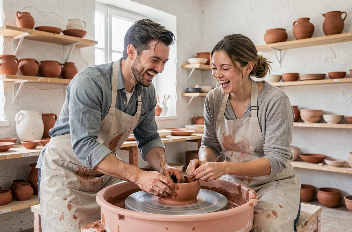 Couple en tablier riant ensemble en façonnant des bols en argile sur un tour de poterie dans un atelier artisanal