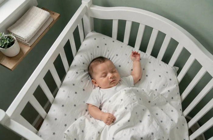 Bébé endormi profondément dans son berceau pendant la phase de sommeil intense d'un pic de croissance