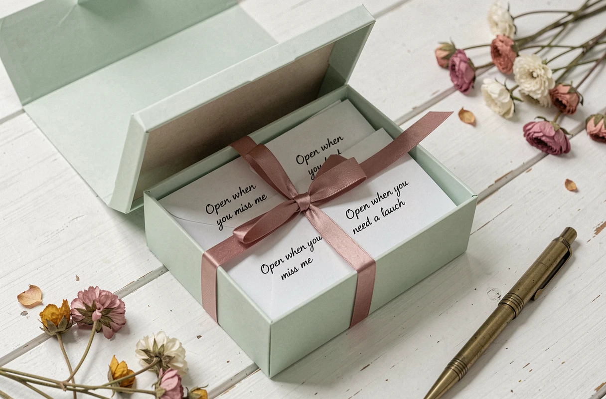 Boîte de lettres open when faite main avec des enveloppes étiquetées à la main et des fleurs séchées sur une surface en bois blanc