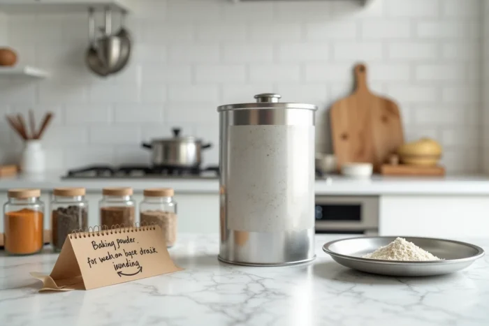 Boîte de levure chimique ouverte sur un plan de travail en marbre blanc avec une balance de cuisine et des notes nutritionnelles manuscrites