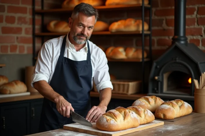 Boulanger coupant un pain doré fraîchement cuit dans une boulangerie rustique avec des murs en briques et des étagères en bois