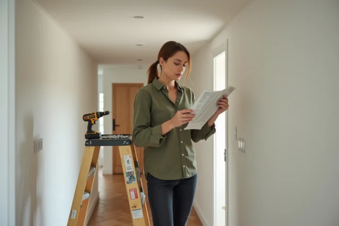 Femme bricolant dans un couloir d'appartement, consultant les instructions de chevilles pour plafond en placo