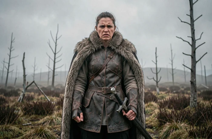 Femme guerrière viking en armure de cuir sombre exprimant colère et trahison dans un paysage brumeux évoquant Brida de The Last Kingdom saison 4
