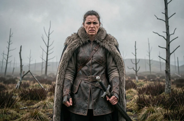Femme guerrière viking en armure de cuir sombre exprimant colère et trahison dans un paysage brumeux évoquant Brida de The Last Kingdom saison 4
