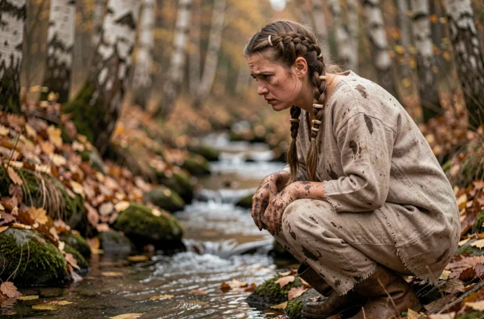 Femme viking solitaire au bord d'une rivière en forêt automnale exprimant douleur et colère, évoquant le parcours de Brida dans The Last Kingdom saison 4