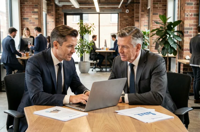 Deux cadres dirigeants discutant de stratégie business autour d'un ordinateur portable dans un bureau moderne