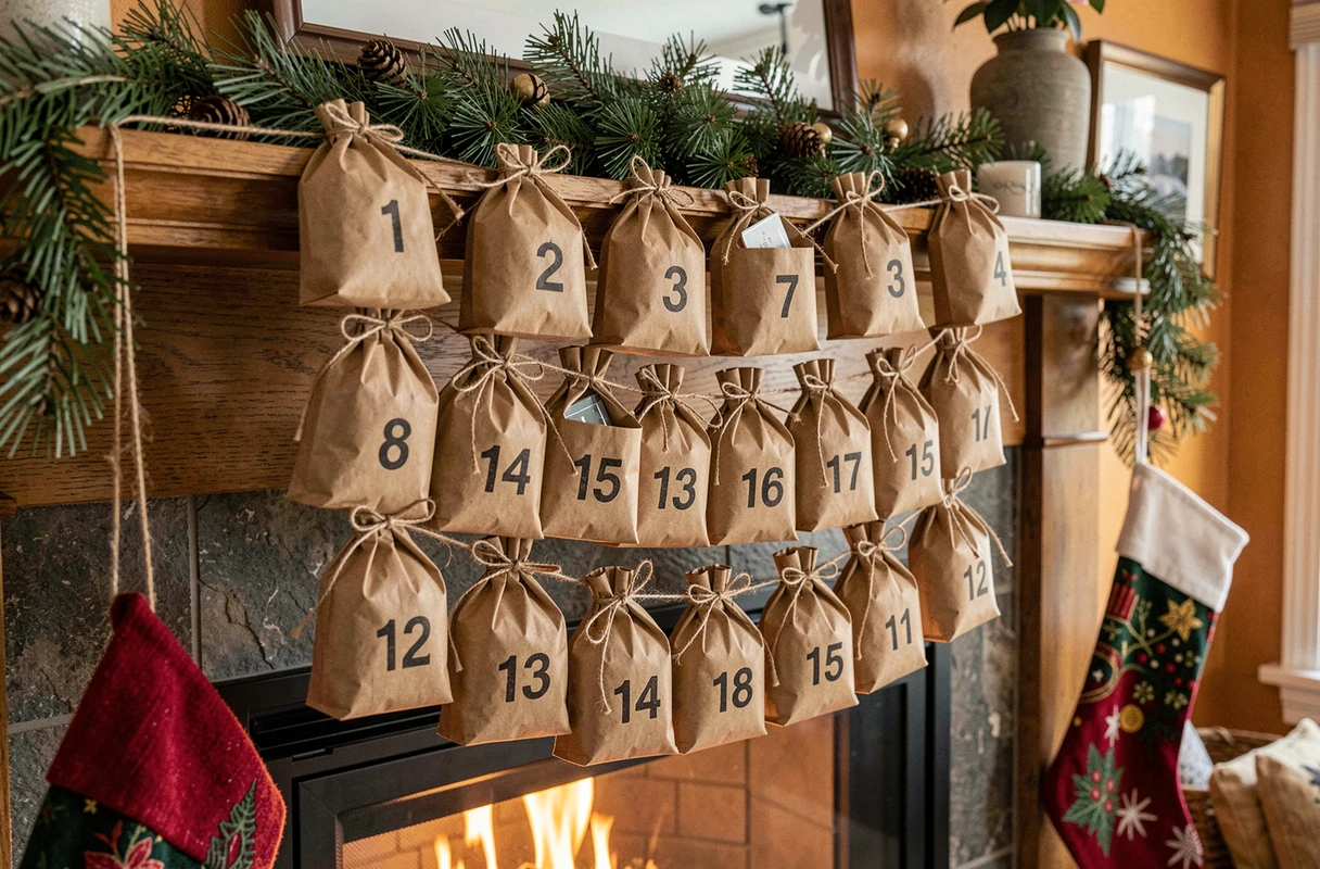 Calendrier de l'Avent de couple fait maison avec 24 pochettes en papier kraft numérotées accrochées sur une guirlande de sapin au-dessus d'une cheminée