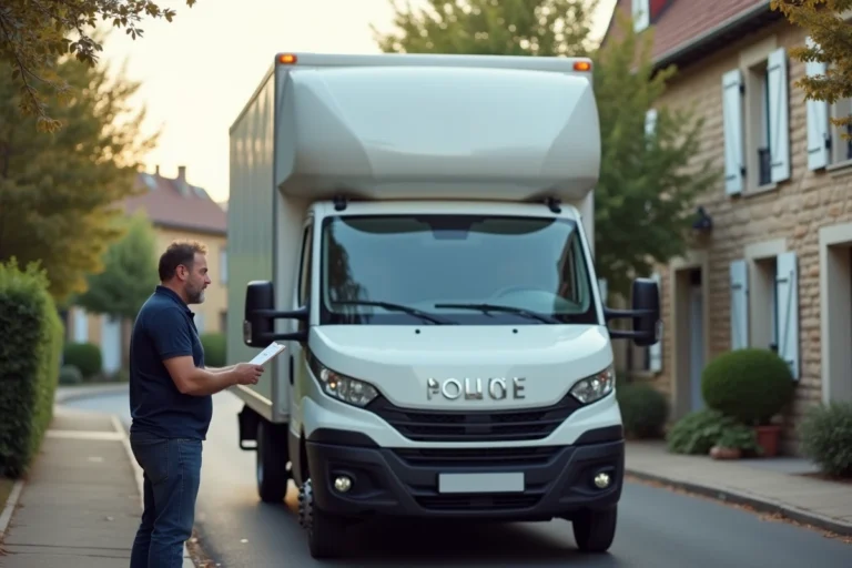 Camion de déménagement 12m3 garé dans une rue résidentielle française avec chauffeur consultant un document