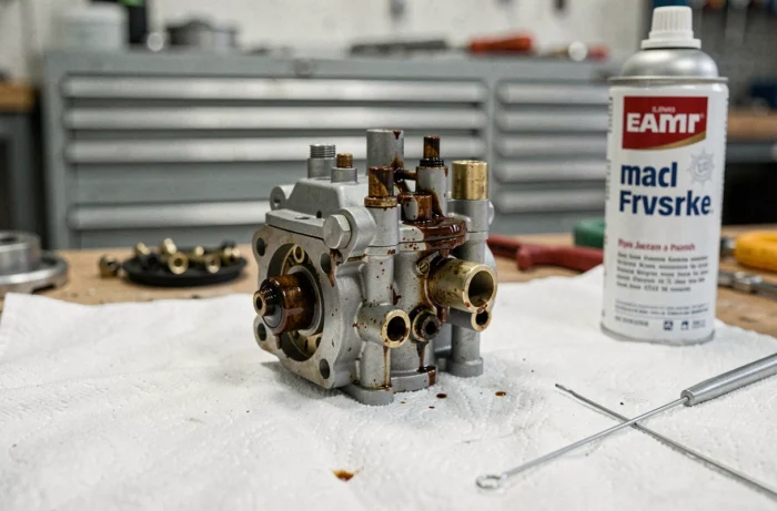 Carburateur de tondeuse démonté sur un chiffon blanc montrant des dépôts de résine brune encrassant les gicleurs et les passages de carburant