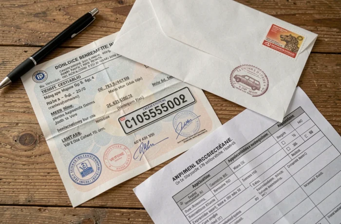 Certificat d'immatriculation français et formulaire de demande pour un mobil-home posés sur une table en bois