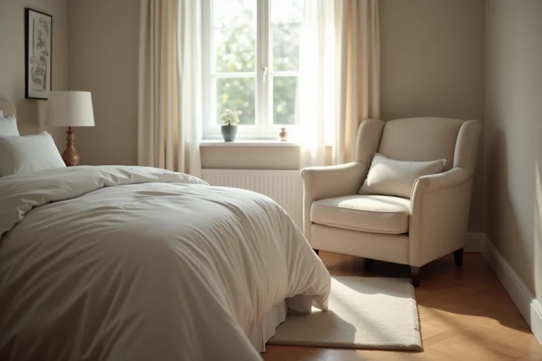 Chambre à coucher avec un lit en face d'un fauteuil rembourré, illustrant la disposition feng shui à éviter dans une pièce de repos