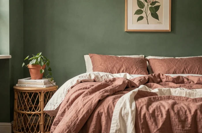 Coin chambre style parisien avec literie en lin rose poudré, table de chevet en rotin et mur vert sauge, inspiration décoration intérieure tendance
