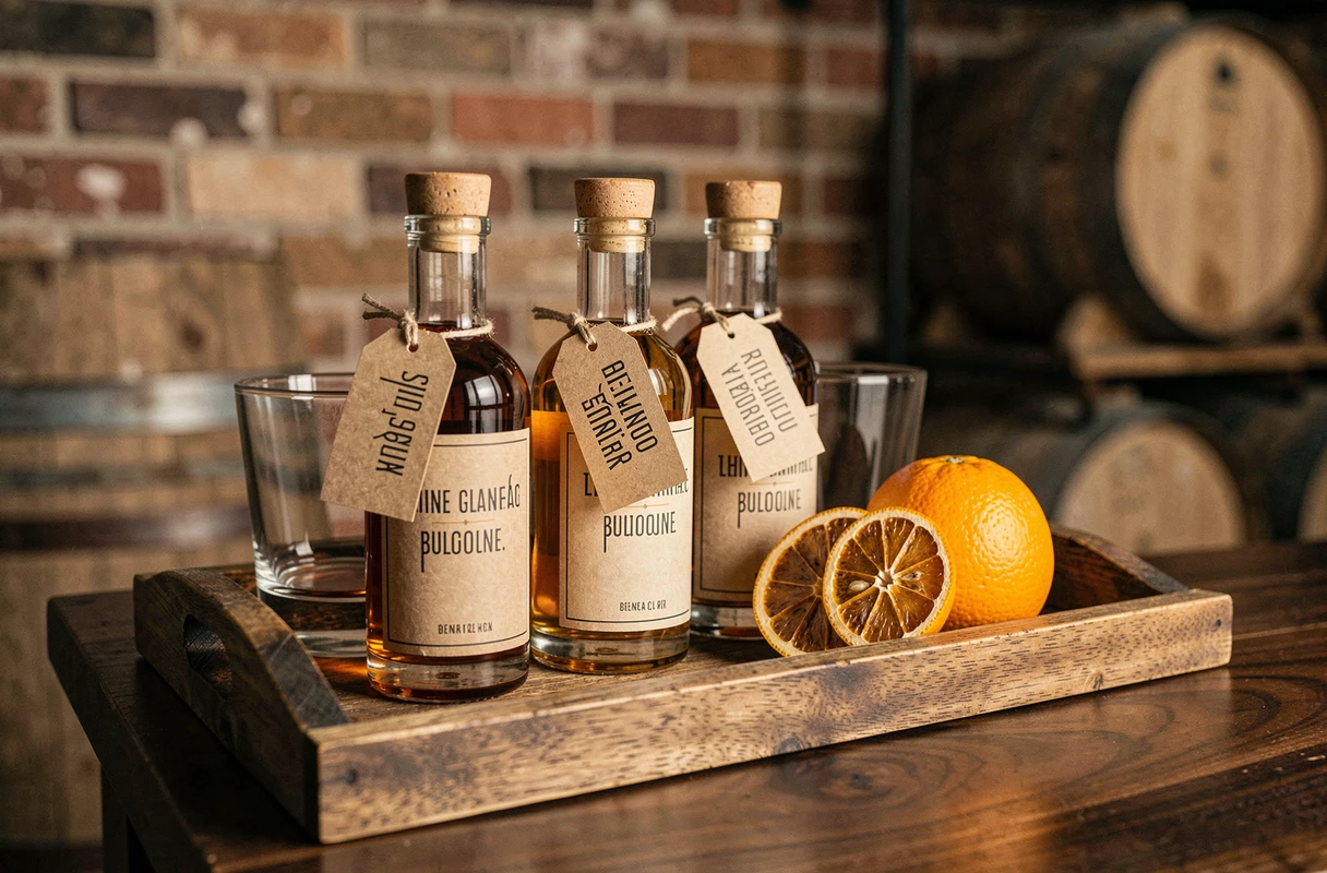 Coffret dégustation de spiritueux artisanaux avec petites bouteilles étiquetées à la main sur un plateau en bois