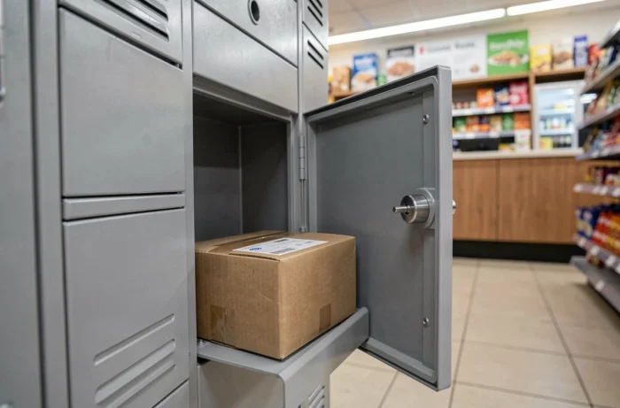 Colis Vinted non récupéré dans un casier de point relais, parcel en attente avec étiquette d'expédition visible