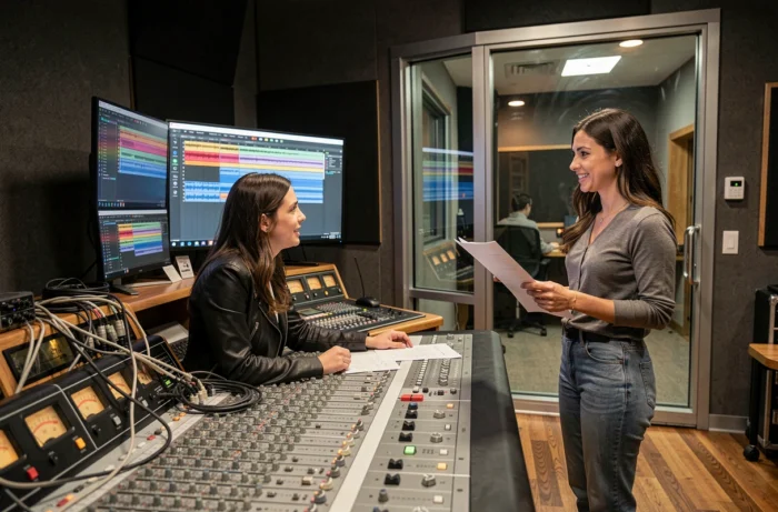 Deux femmes collaborant en studio d'enregistrement professionnel avec une interface IA pour poser une voix sur une musique