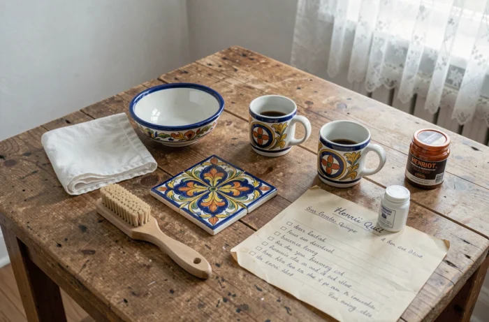 Collection de faïences Henriot Quimper avec outils de restauration et d'entretien disposés sur une table en chêne