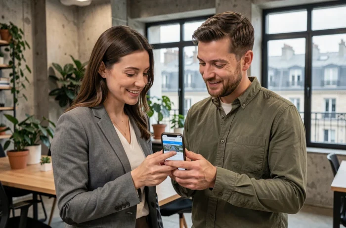 Deux collègues consultant une application de connectivité urbaine dans un espace de coworking parisien