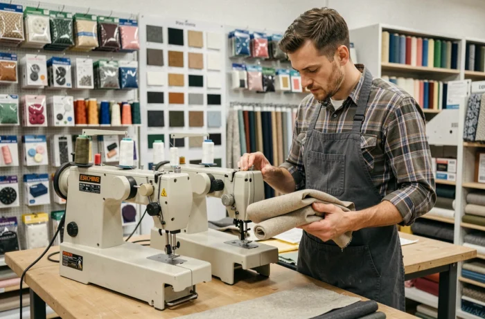 Homme comparant deux machines à coudre robustes pour travaux lourds dans un magasin de matériel de couture