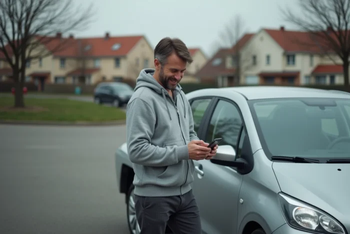 Conducteur BlaBlaCar vérifiant son paiement sur smartphone à côté de sa voiture garée