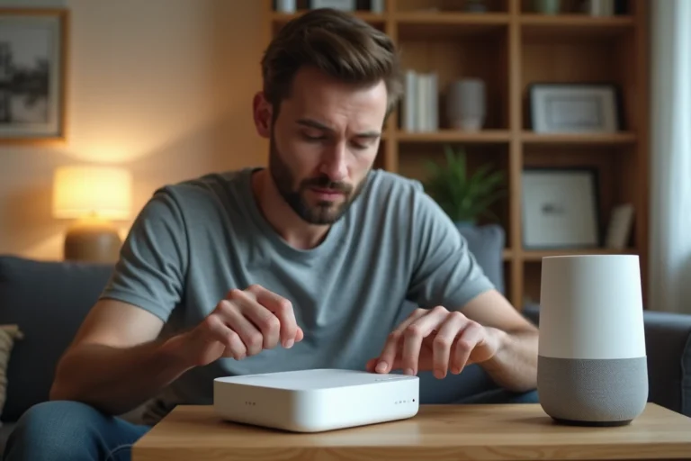 Homme configurant une Freebox Pop avec un assistant vocal Google dans un salon moderne