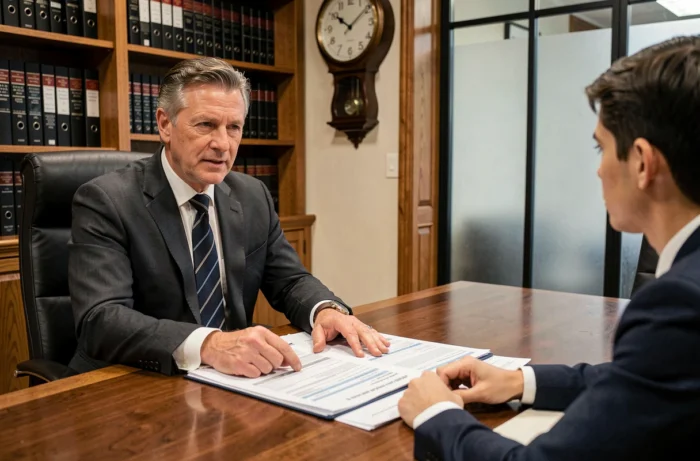 Conseiller juridique accompagnant un entrepreneur dans les démarches administratives de gestion d'entreprise en France