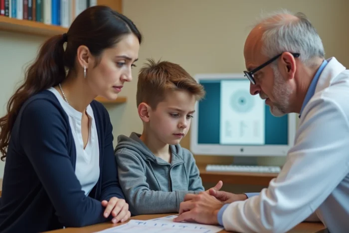 Médecin expliquant des résultats de bilan hépatique à une mère et son adolescent dans un cabinet de gastroentérologie pédiatrique