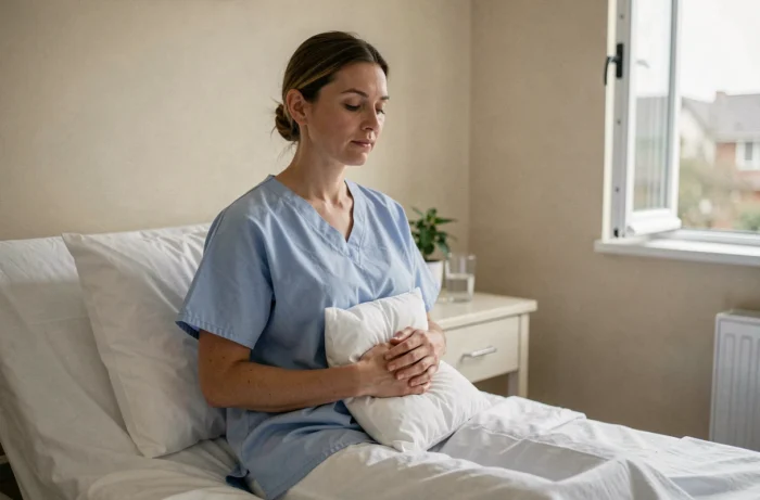 Femme en convalescence après une opération gynécologique, assise dans un lit d'hôpital tenant un coussin contre son abdomen
