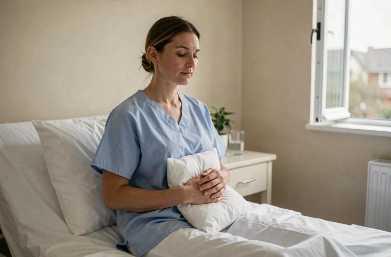 Femme en convalescence après une opération gynécologique, assise dans un lit d'hôpital tenant un coussin contre son abdomen