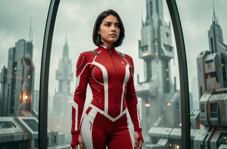 Cosplayeuse en combinaison futuriste rouge et blanche inspirée de Darling in the Franxx devant une mégalopole dystopique