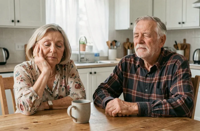 Couple de personnes âgées aux yeux fermés assis à une table de cuisine, moment de repos partagé et naturel