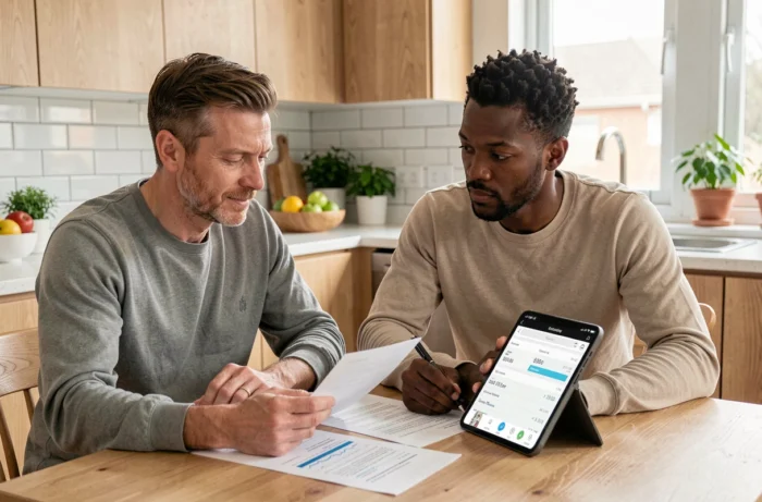 Couple examinant des relevés bancaires en ligne sur tablette à la maison, concept de transparence bancaire Boursobank