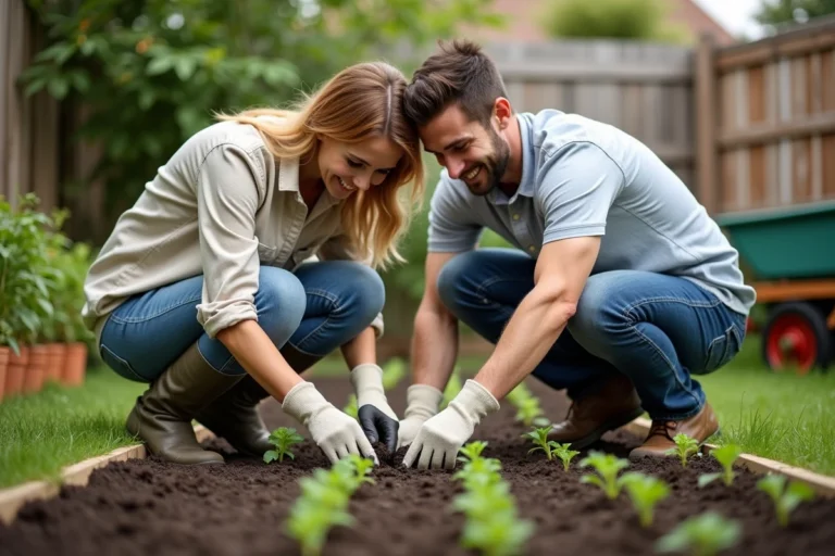 Un couple de débutants aménage un petit potager d'environ 10 à 15 m² dans un jardin de banlieue, plantant des légumes en rangées ordonnées