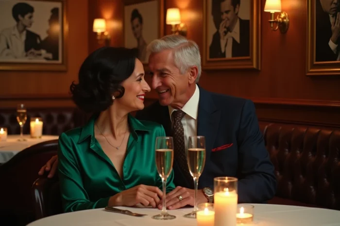 Couple élégant partageant un moment romantique dans un restaurant vintage, illustrant la vie amoureuse et les relations sentimentales d'Elizabeth Taylor