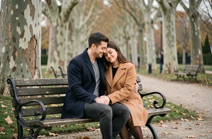 Couple élégant assis sur un banc dans un parc français, moment intime et complice en automne